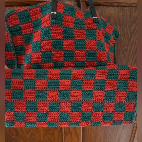 Clare V Red Green Checker Summer Simple Tote Bag Shoulder Strap Like New - Picture 14 of 16